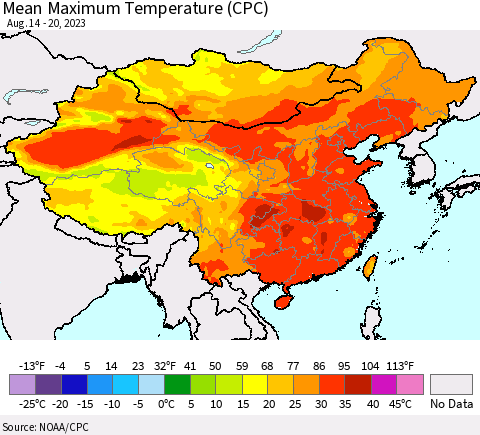 China, Mongolia and Taiwan Mean Maximum Temperature (CPC) Thematic Map For 8/14/2023 - 8/20/2023