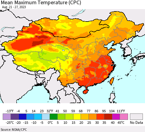 China, Mongolia and Taiwan Mean Maximum Temperature (CPC) Thematic Map For 8/21/2023 - 8/27/2023