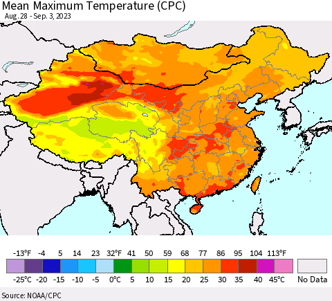 China, Mongolia and Taiwan Mean Maximum Temperature (CPC) Thematic Map For 8/28/2023 - 9/3/2023