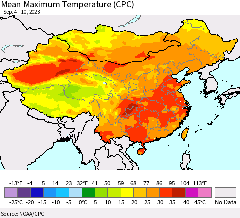 China, Mongolia and Taiwan Mean Maximum Temperature (CPC) Thematic Map For 9/4/2023 - 9/10/2023