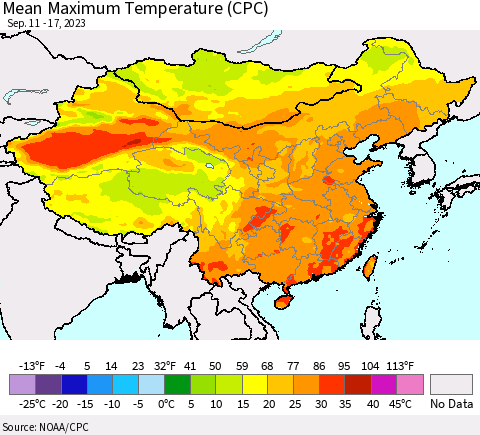 China, Mongolia and Taiwan Mean Maximum Temperature (CPC) Thematic Map For 9/11/2023 - 9/17/2023