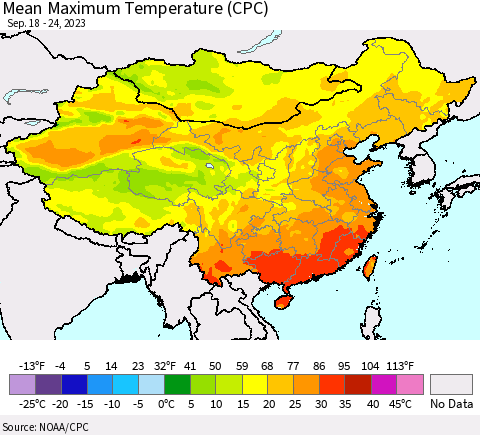 China, Mongolia and Taiwan Mean Maximum Temperature (CPC) Thematic Map For 9/18/2023 - 9/24/2023