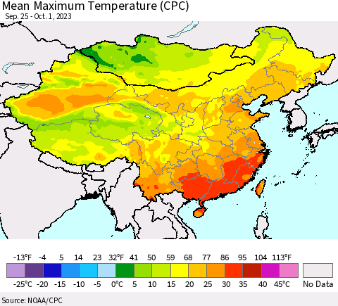 China, Mongolia and Taiwan Mean Maximum Temperature (CPC) Thematic Map For 9/25/2023 - 10/1/2023