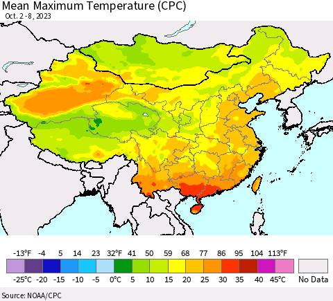 China, Mongolia and Taiwan Mean Maximum Temperature (CPC) Thematic Map For 10/2/2023 - 10/8/2023