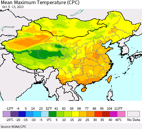 China, Mongolia and Taiwan Mean Maximum Temperature (CPC) Thematic Map For 10/9/2023 - 10/15/2023