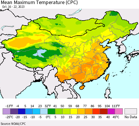 China, Mongolia and Taiwan Mean Maximum Temperature (CPC) Thematic Map For 10/16/2023 - 10/22/2023