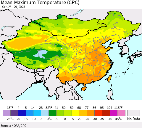 China, Mongolia and Taiwan Mean Maximum Temperature (CPC) Thematic Map For 10/23/2023 - 10/29/2023