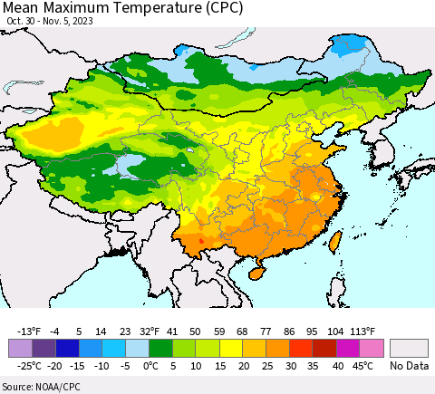 China, Mongolia and Taiwan Mean Maximum Temperature (CPC) Thematic Map For 10/30/2023 - 11/5/2023