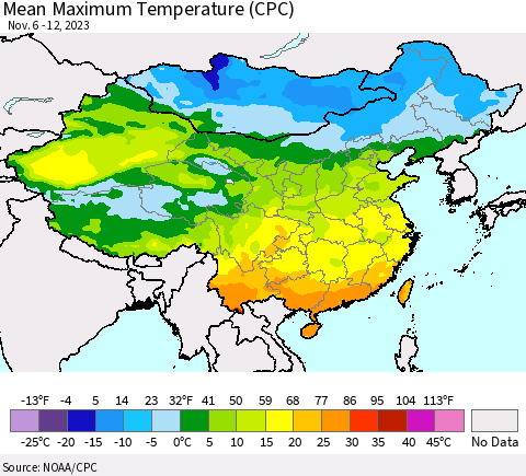 China, Mongolia and Taiwan Mean Maximum Temperature (CPC) Thematic Map For 11/6/2023 - 11/12/2023