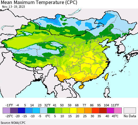 China, Mongolia and Taiwan Mean Maximum Temperature (CPC) Thematic Map For 11/13/2023 - 11/19/2023