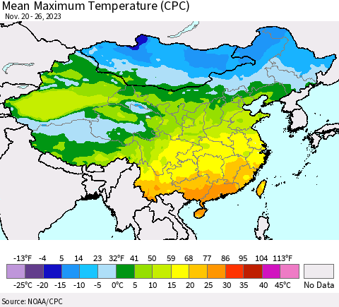 China, Mongolia and Taiwan Mean Maximum Temperature (CPC) Thematic Map For 11/20/2023 - 11/26/2023