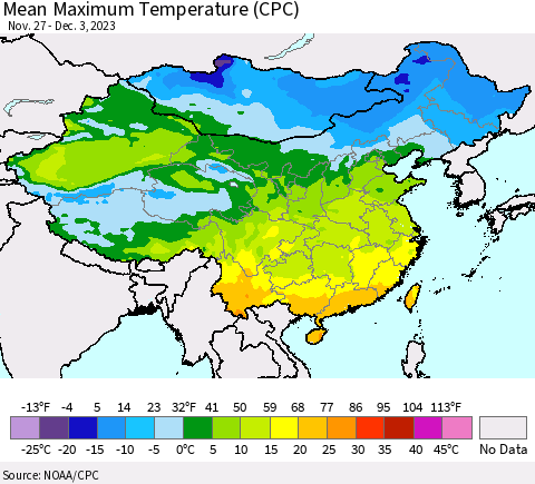 China, Mongolia and Taiwan Mean Maximum Temperature (CPC) Thematic Map For 11/27/2023 - 12/3/2023