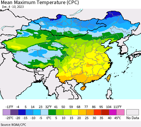 China, Mongolia and Taiwan Mean Maximum Temperature (CPC) Thematic Map For 12/4/2023 - 12/10/2023