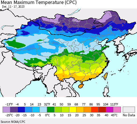 China, Mongolia and Taiwan Mean Maximum Temperature (CPC) Thematic Map For 12/11/2023 - 12/17/2023
