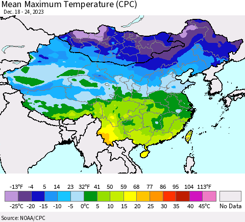 China, Mongolia and Taiwan Mean Maximum Temperature (CPC) Thematic Map For 12/18/2023 - 12/24/2023