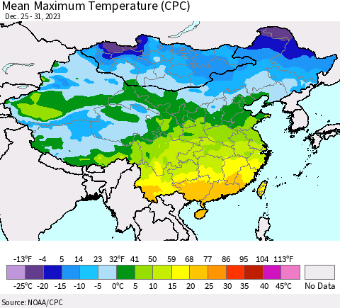 China, Mongolia and Taiwan Mean Maximum Temperature (CPC) Thematic Map For 12/25/2023 - 12/31/2023