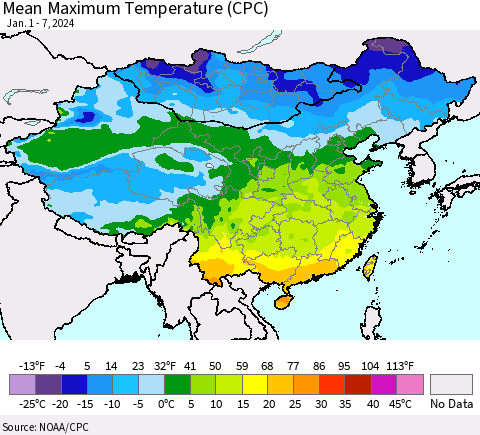 China, Mongolia and Taiwan Mean Maximum Temperature (CPC) Thematic Map For 1/1/2024 - 1/7/2024