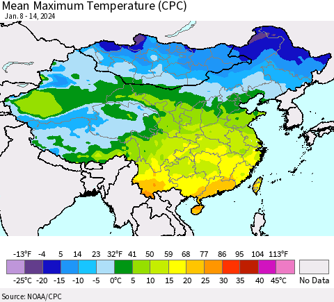 China, Mongolia and Taiwan Mean Maximum Temperature (CPC) Thematic Map For 1/8/2024 - 1/14/2024