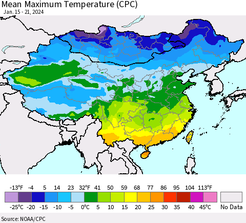 China, Mongolia and Taiwan Mean Maximum Temperature (CPC) Thematic Map For 1/15/2024 - 1/21/2024