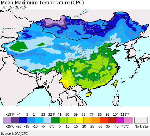 China, Mongolia and Taiwan Mean Maximum Temperature (CPC) Thematic Map For 1/22/2024 - 1/28/2024