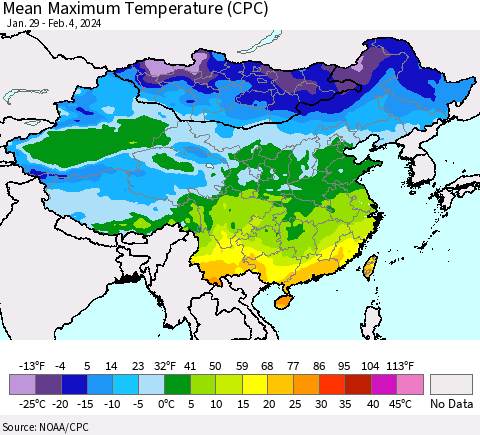 China, Mongolia and Taiwan Mean Maximum Temperature (CPC) Thematic Map For 1/29/2024 - 2/4/2024