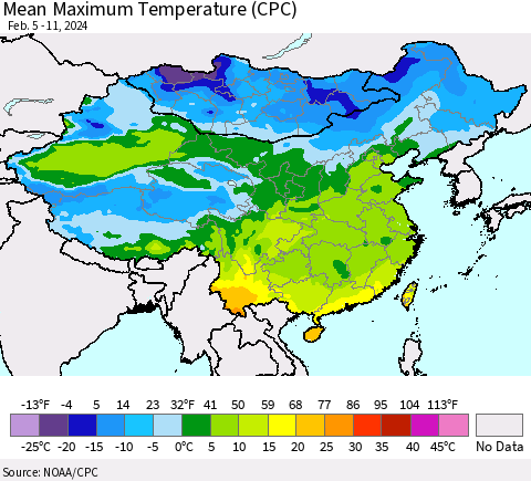 China, Mongolia and Taiwan Mean Maximum Temperature (CPC) Thematic Map For 2/5/2024 - 2/11/2024