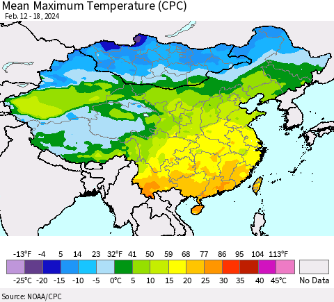China, Mongolia and Taiwan Mean Maximum Temperature (CPC) Thematic Map For 2/12/2024 - 2/18/2024