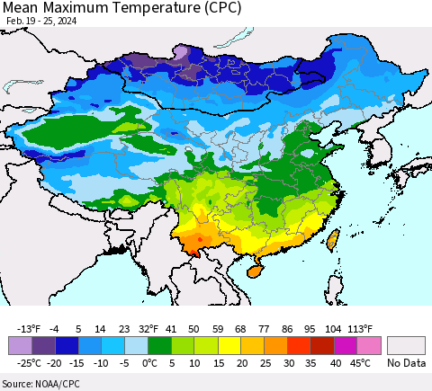 China, Mongolia and Taiwan Mean Maximum Temperature (CPC) Thematic Map For 2/19/2024 - 2/25/2024