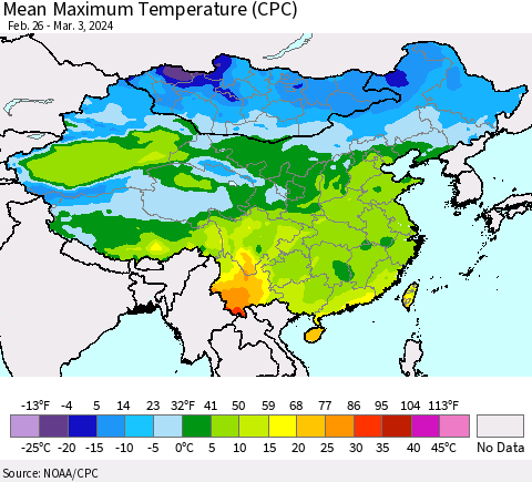 China, Mongolia and Taiwan Mean Maximum Temperature (CPC) Thematic Map For 2/26/2024 - 3/3/2024