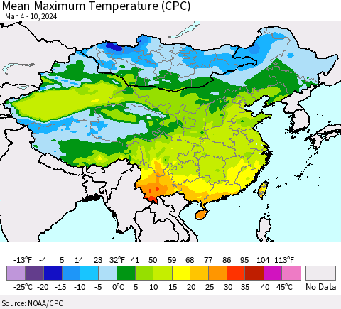 China, Mongolia and Taiwan Mean Maximum Temperature (CPC) Thematic Map For 3/4/2024 - 3/10/2024