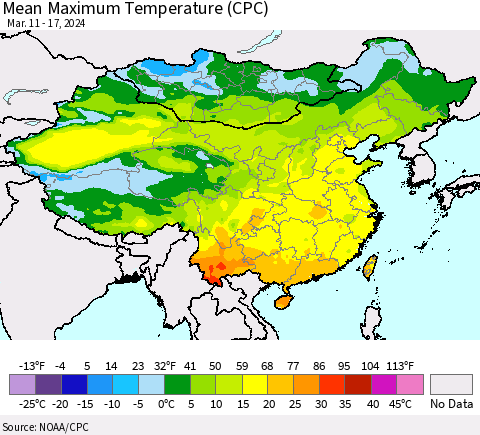 China, Mongolia and Taiwan Mean Maximum Temperature (CPC) Thematic Map For 3/11/2024 - 3/17/2024