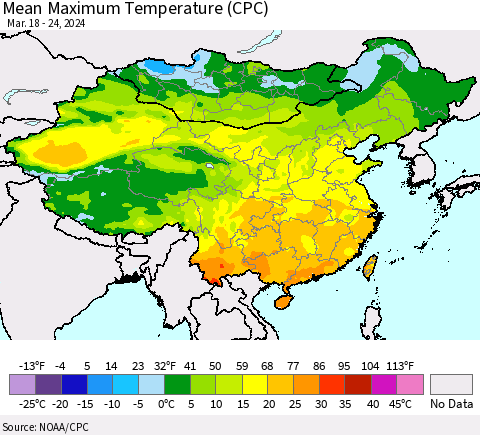 China, Mongolia and Taiwan Mean Maximum Temperature (CPC) Thematic Map For 3/18/2024 - 3/24/2024