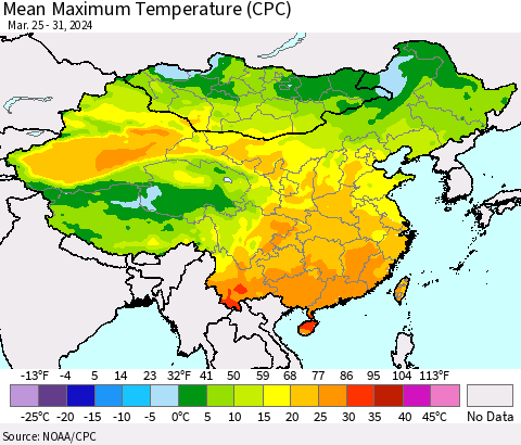 China, Mongolia and Taiwan Mean Maximum Temperature (CPC) Thematic Map For 3/25/2024 - 3/31/2024