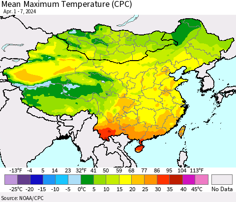 China, Mongolia and Taiwan Mean Maximum Temperature (CPC) Thematic Map For 4/1/2024 - 4/7/2024