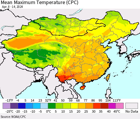 China, Mongolia and Taiwan Mean Maximum Temperature (CPC) Thematic Map For 4/8/2024 - 4/14/2024