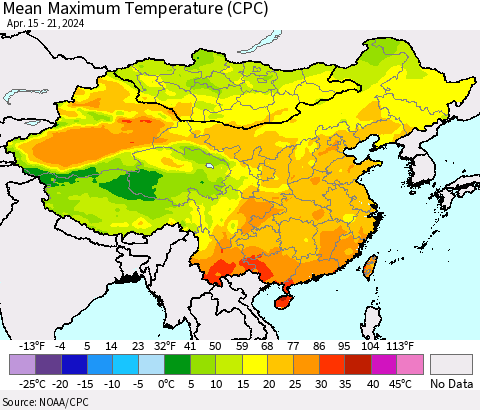 China, Mongolia and Taiwan Mean Maximum Temperature (CPC) Thematic Map For 4/15/2024 - 4/21/2024