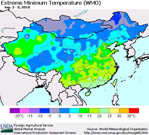 China, Mongolia and Taiwan Minimum Daily Temperature (WMO) Thematic Map For 9/3/2018 - 9/9/2018