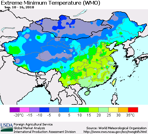 China, Mongolia and Taiwan Minimum Daily Temperature (WMO) Thematic Map For 9/10/2018 - 9/16/2018