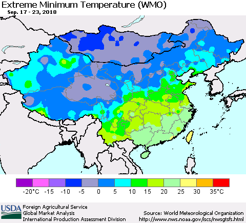 China, Mongolia and Taiwan Minimum Daily Temperature (WMO) Thematic Map For 9/17/2018 - 9/23/2018