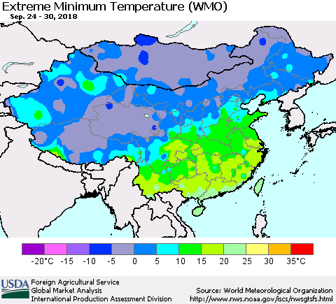 China, Mongolia and Taiwan Minimum Daily Temperature (WMO) Thematic Map For 9/24/2018 - 9/30/2018