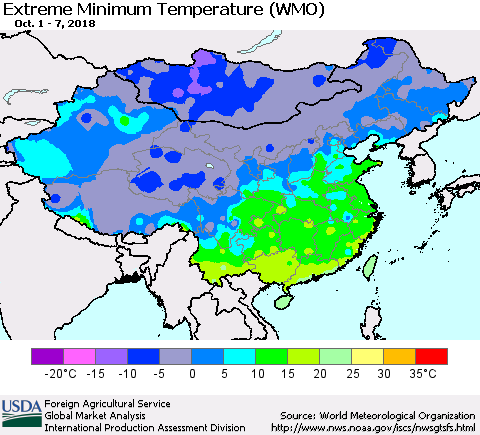 China, Mongolia and Taiwan Minimum Daily Temperature (WMO) Thematic Map For 10/1/2018 - 10/7/2018