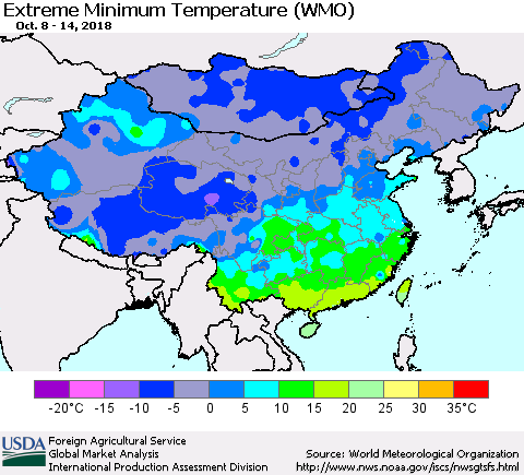 China, Mongolia and Taiwan Minimum Daily Temperature (WMO) Thematic Map For 10/8/2018 - 10/14/2018