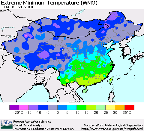 China, Mongolia and Taiwan Minimum Daily Temperature (WMO) Thematic Map For 10/15/2018 - 10/21/2018
