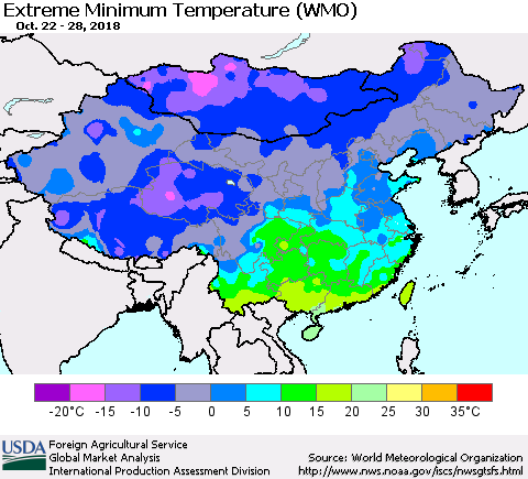 China, Mongolia and Taiwan Minimum Daily Temperature (WMO) Thematic Map For 10/22/2018 - 10/28/2018