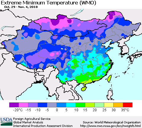 China, Mongolia and Taiwan Minimum Daily Temperature (WMO) Thematic Map For 10/29/2018 - 11/4/2018