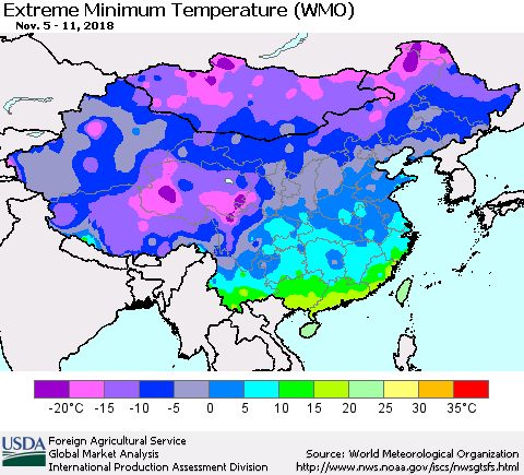 China, Mongolia and Taiwan Minimum Daily Temperature (WMO) Thematic Map For 11/5/2018 - 11/11/2018