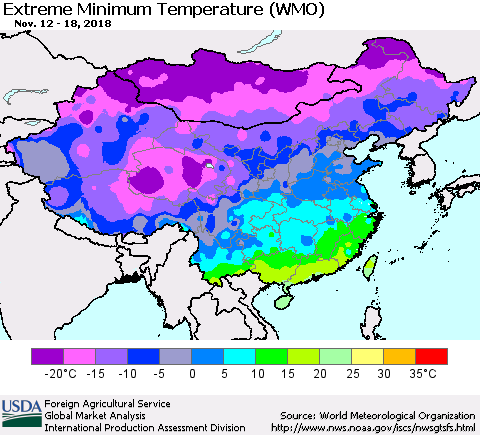 China, Mongolia and Taiwan Minimum Daily Temperature (WMO) Thematic Map For 11/12/2018 - 11/18/2018