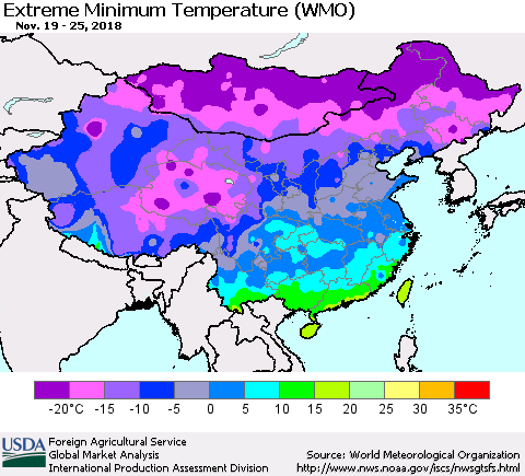 China, Mongolia and Taiwan Minimum Daily Temperature (WMO) Thematic Map For 11/19/2018 - 11/25/2018