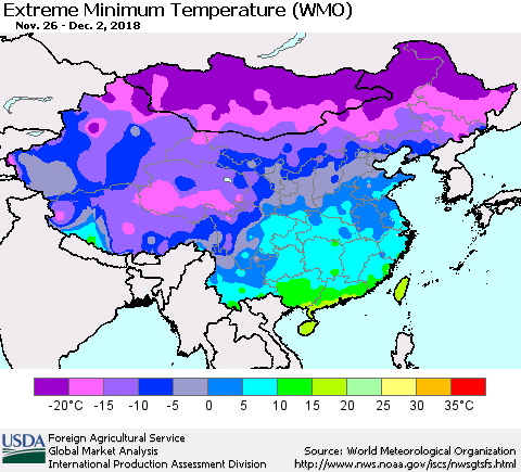 China, Mongolia and Taiwan Minimum Daily Temperature (WMO) Thematic Map For 11/26/2018 - 12/2/2018