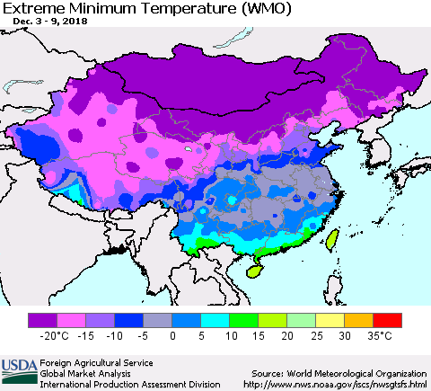 China, Mongolia and Taiwan Minimum Daily Temperature (WMO) Thematic Map For 12/3/2018 - 12/9/2018